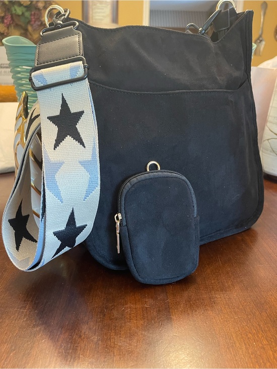 Handbags - Ah-dorned Suede Black Crossbody Bag With a designed Stars Strap